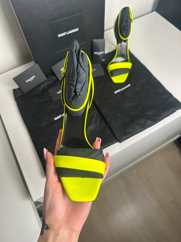 Saint Laurent Paris Sandales Talons Cuir Verni Jaune Fluo T.37 — Neuves