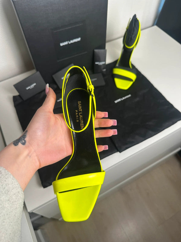 Saint Laurent Paris Sandales Talons Cuir Verni Jaune Fluo T.37 — Neuves