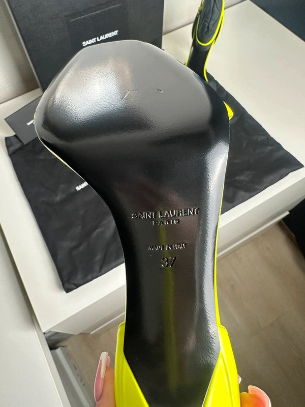 Saint Laurent Paris Sandales Talons Cuir Verni Jaune Fluo T.37 — Neuves
