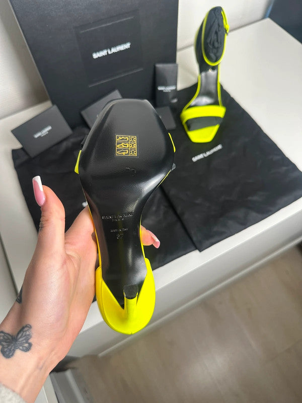 Saint Laurent Paris Sandales Talons Cuir Verni Jaune Fluo T.37 — Neuves
