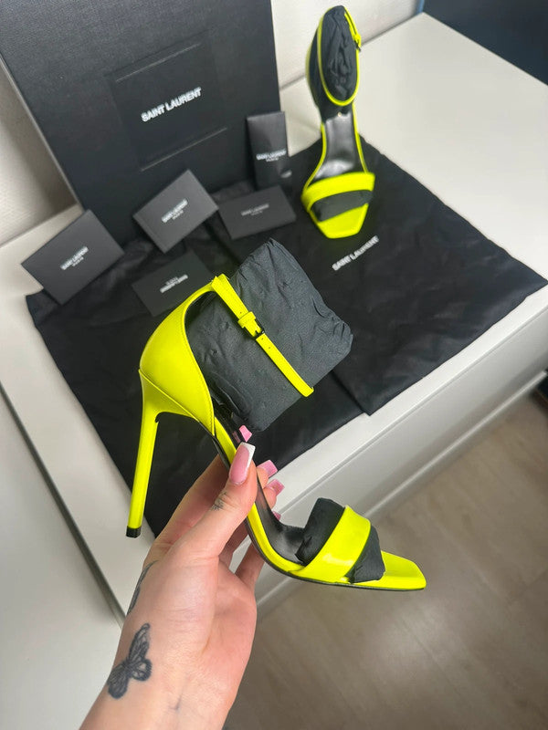 Saint Laurent Paris Sandales Talons Cuir Verni Jaune Fluo T.37 — Neuves