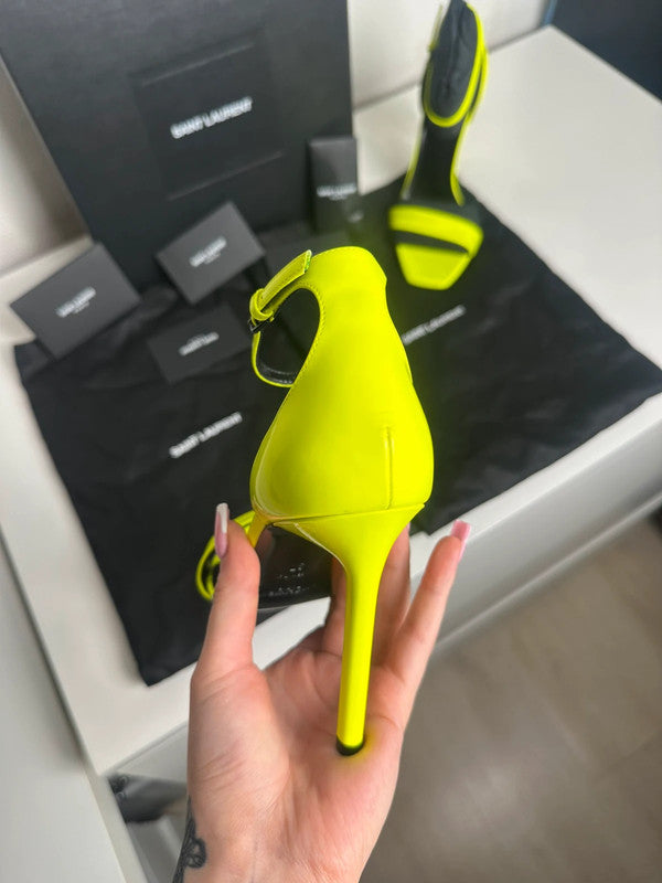 Saint Laurent Paris Sandales Talons Cuir Verni Jaune Fluo T.37 — Neuves