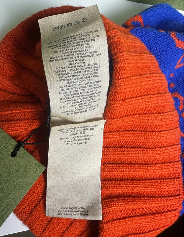 Gucci Bonnet GG Jacquard Laine Bleu & Rouge T.M — Neuf