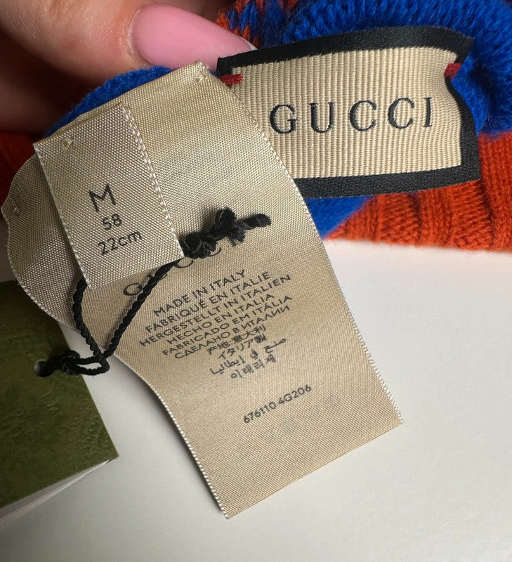 Gucci Bonnet GG Jacquard Laine Bleu & Rouge T.M — Neuf