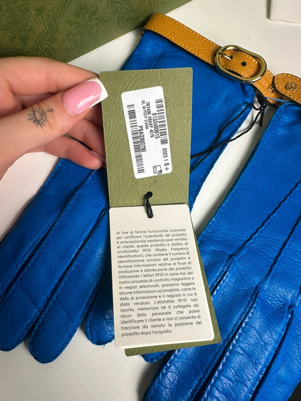 Gucci Gants Cuir Bleu & Camel Double Boucle T.7,5 — Neufs
