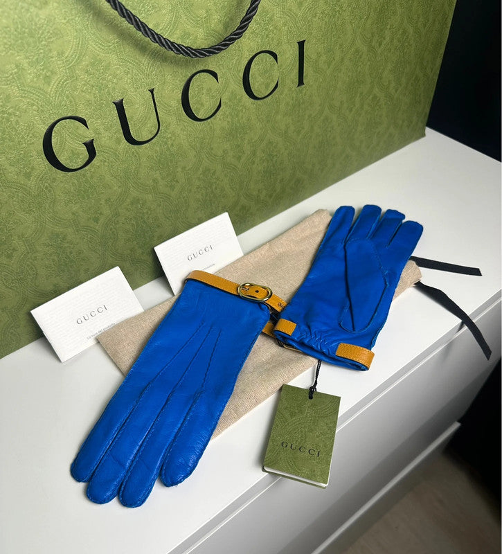 Gucci Gants Cuir Bleu & Camel Double Boucle T.7,5 — Neufs