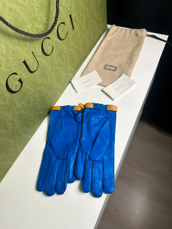 Gucci Gants Cuir Bleu & Camel Double Boucle T.7,5 — Neufs