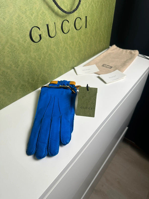 Gucci Gants Cuir Bleu & Camel Double Boucle T.7,5 — Neufs