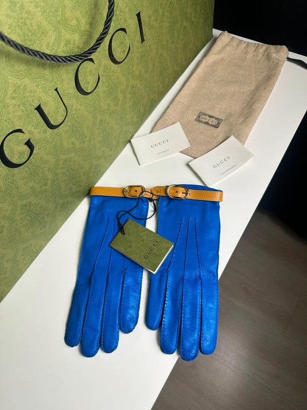 Gucci Gants Cuir Bleu & Camel Double Boucle T.7,5 — Neufs