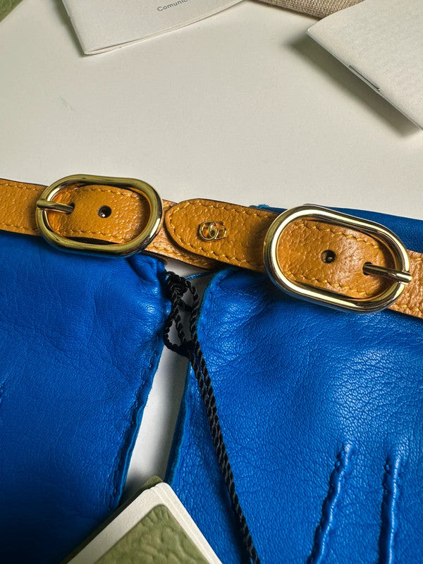Gucci Gants Cuir Bleu & Camel Double Boucle T.7,5 — Neufs