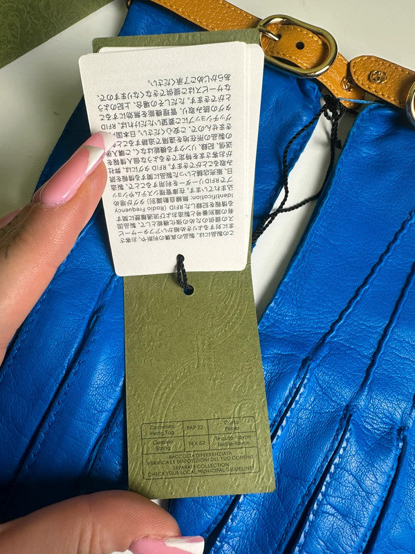 Gucci Gants Cuir Bleu & Camel Double Boucle T.7,5 — Neufs